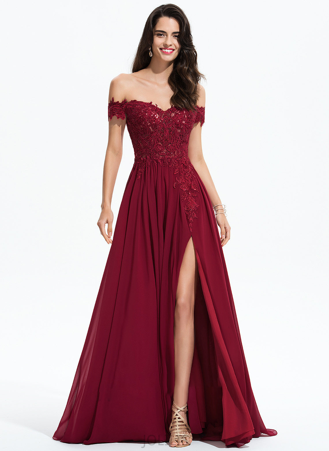 Adelyn Sweep Prom Dresses With A-Line Lace Train Sequins Off-the-Shoulder Chiffon