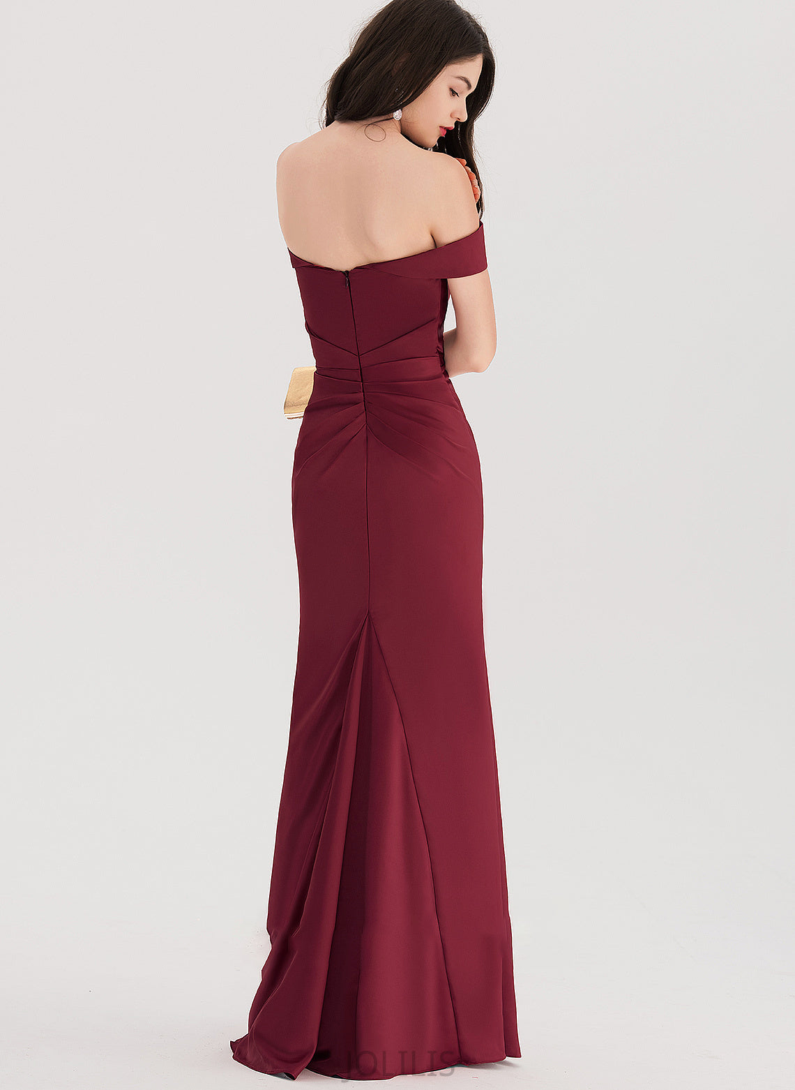 Split Floor-Length Alison Off-the-Shoulder Ruffle Front With Satin Sheath/Column Prom Dresses