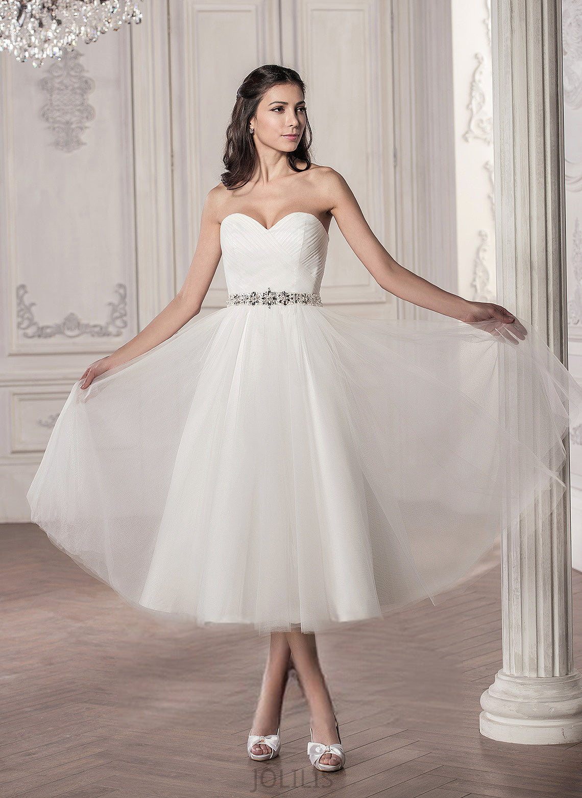 Sweetheart With Tea-Length A-Line Ruffle Wedding Tulle Dress Beading Satin Helga Sequins Wedding Dresses