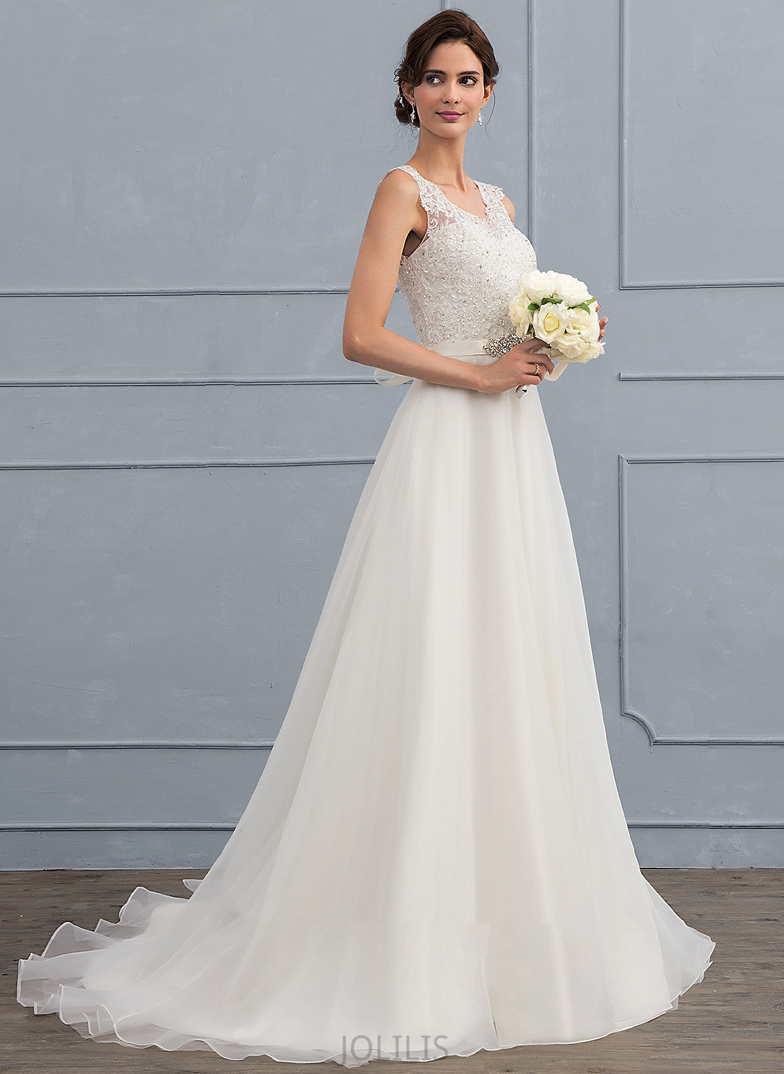 V-neck Wedding Dresses With Organza Bow(s) Dress Train A-Line Beading Wedding Sweep Mallory