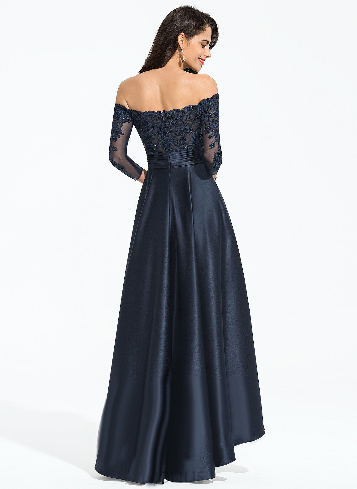 Sequins Ruffle A-Line Off-the-Shoulder Prom Dresses With Satin Lace Asymmetrical Miracle