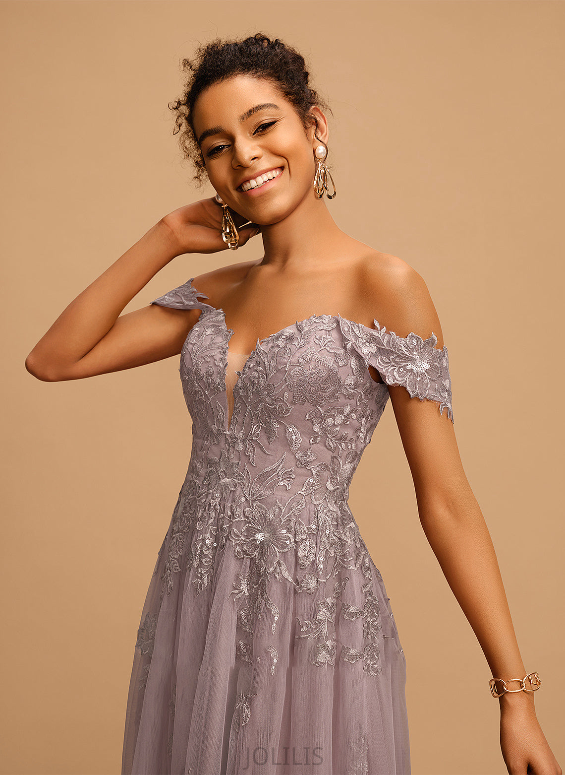 Off-the-Shoulder Tulle Floor-Length Sequins With A-Line Prom Dresses Averi