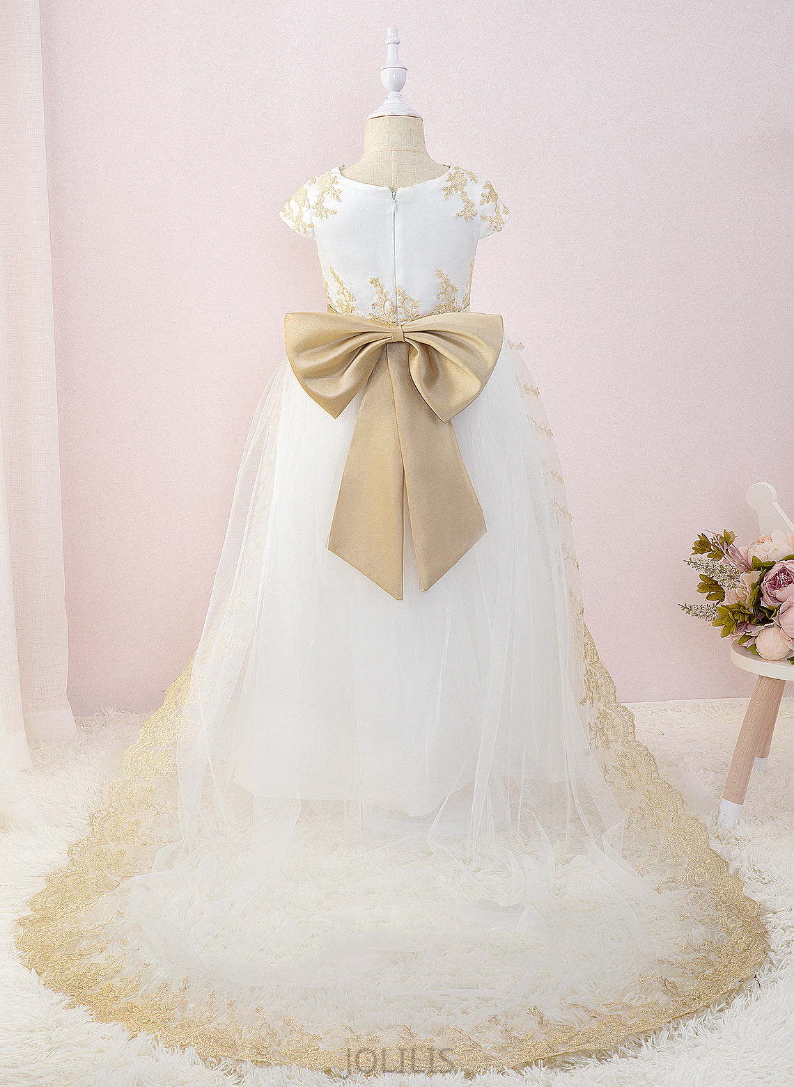 Ball-Gown/Princess Sleeves Flower Phoebe - Neck Scoop Court Bow(s) Train With Short Flower Girl Dresses Dress Girl Tulle/Lace