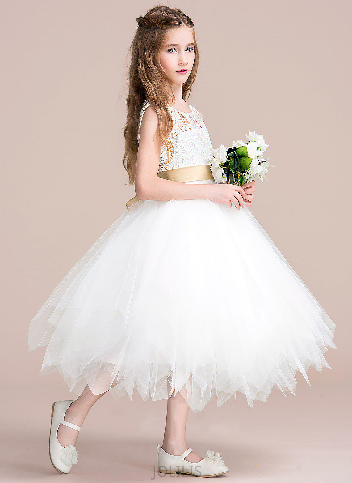 Tea-length Sash/Back Ciara Neck Flower Tulle/Lace Dress Girl Hole (Detachable Scoop - Flower Girl Dresses With A-Line Sleeveless sash)