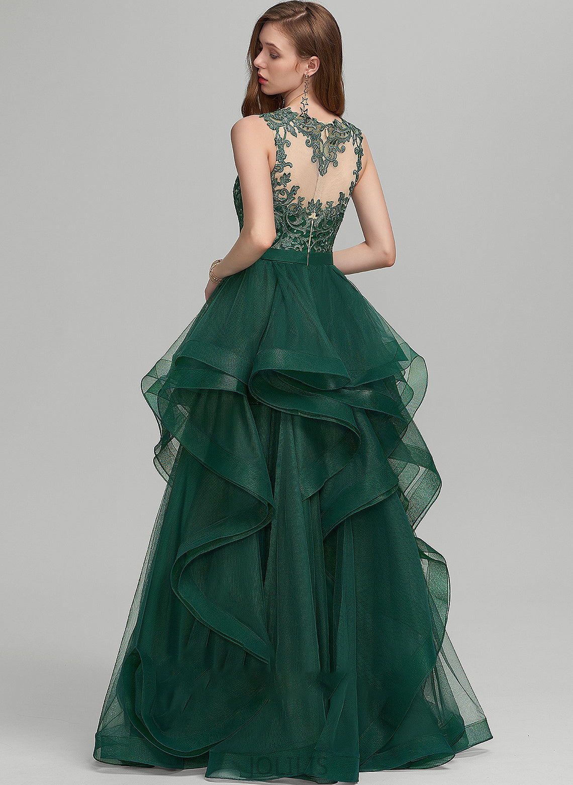 Scoop Neck Lace Ball-Gown/Princess With Riley Floor-Length Prom Dresses Tulle Ruffle