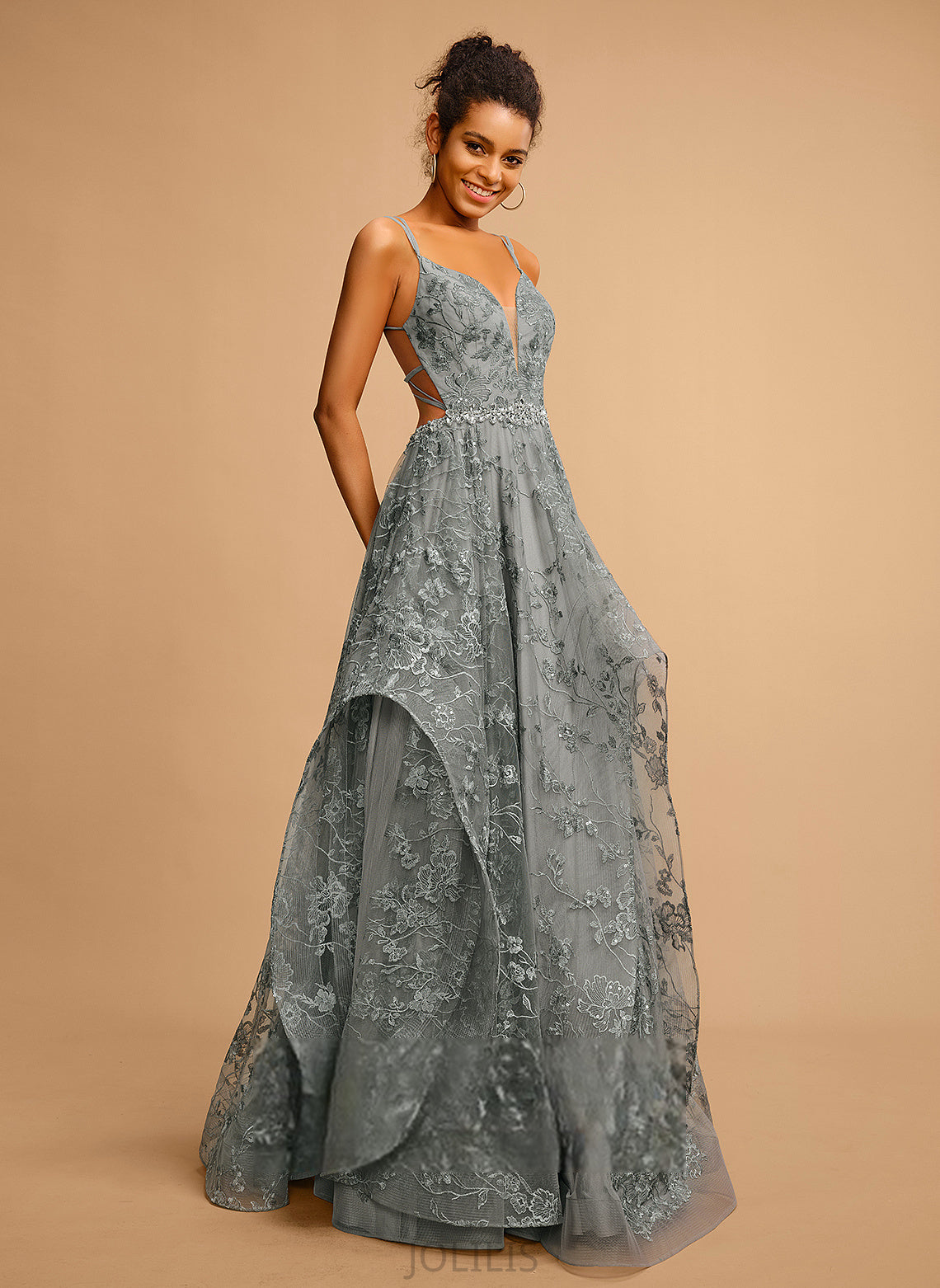 Floor-Length Lace Ball-Gown/Princess Prom Dresses V-neck Catalina Tulle