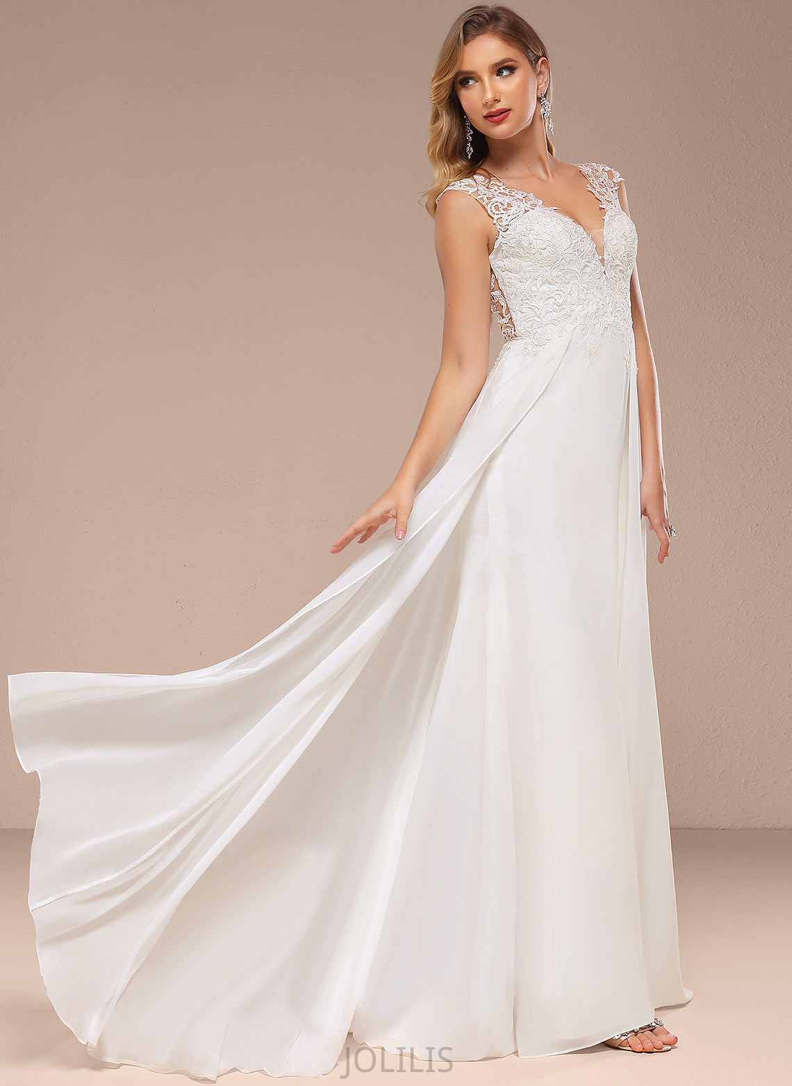 Chiffon Lace Train Wedding A-Line V-neck Tessa Wedding Dresses Sweep Dress