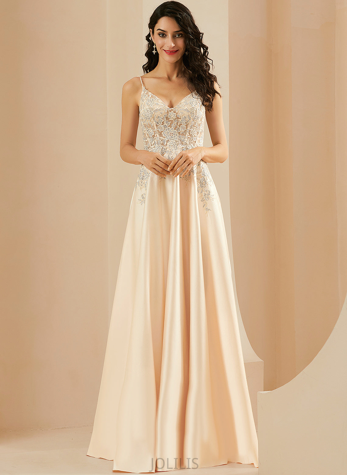 Lace Floor-Length V-neck Prom Dresses Emilia Satin A-Line