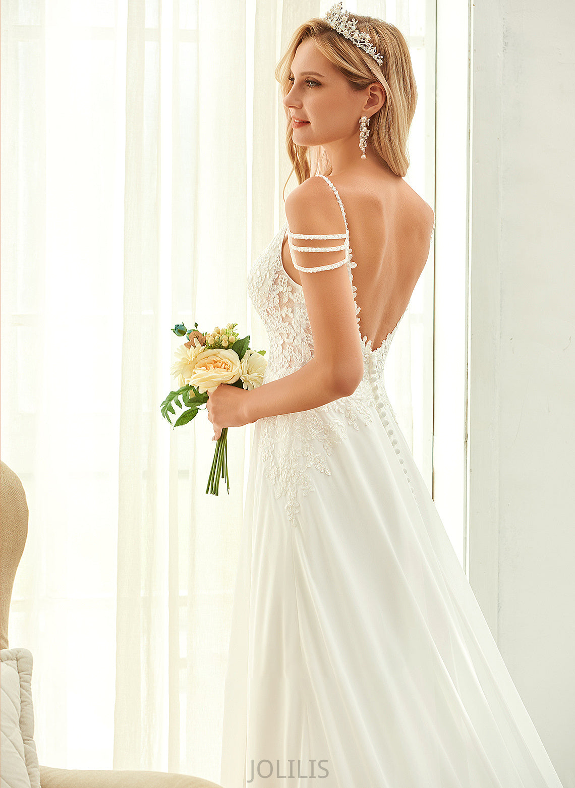 Train Beading Sequins Dress With Lace V-neck A-Line Nellie Wedding Dresses Chiffon Wedding Sweep