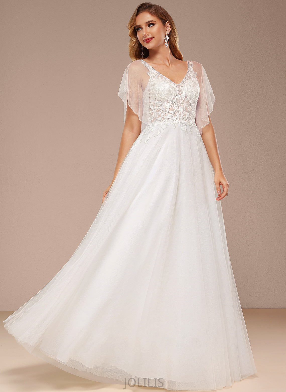 Lace Wedding V-neck Sequins A-Line Alison Floor-Length Tulle With Dress Wedding Dresses Ruffle