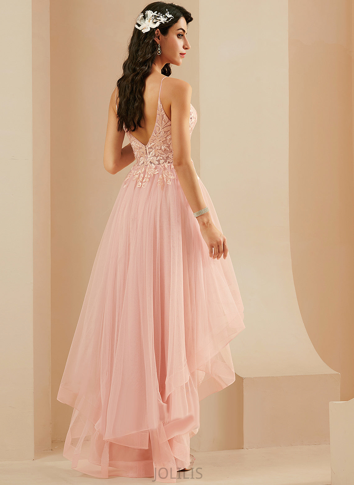 Lace Ball-Gown/Princess Sanaa Tulle V-neck Prom Dresses Asymmetrical