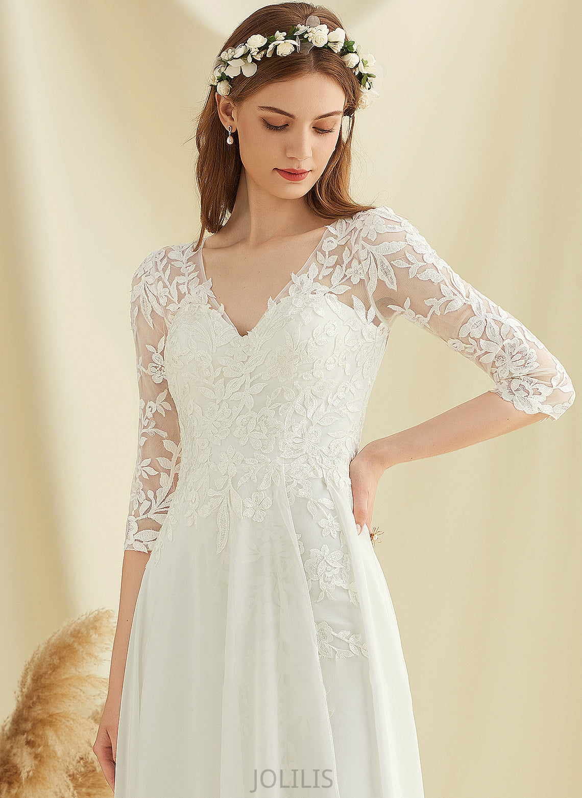 Wedding V-neck Kenzie Floor-Length Wedding Dresses Chiffon Dress Lace A-Line