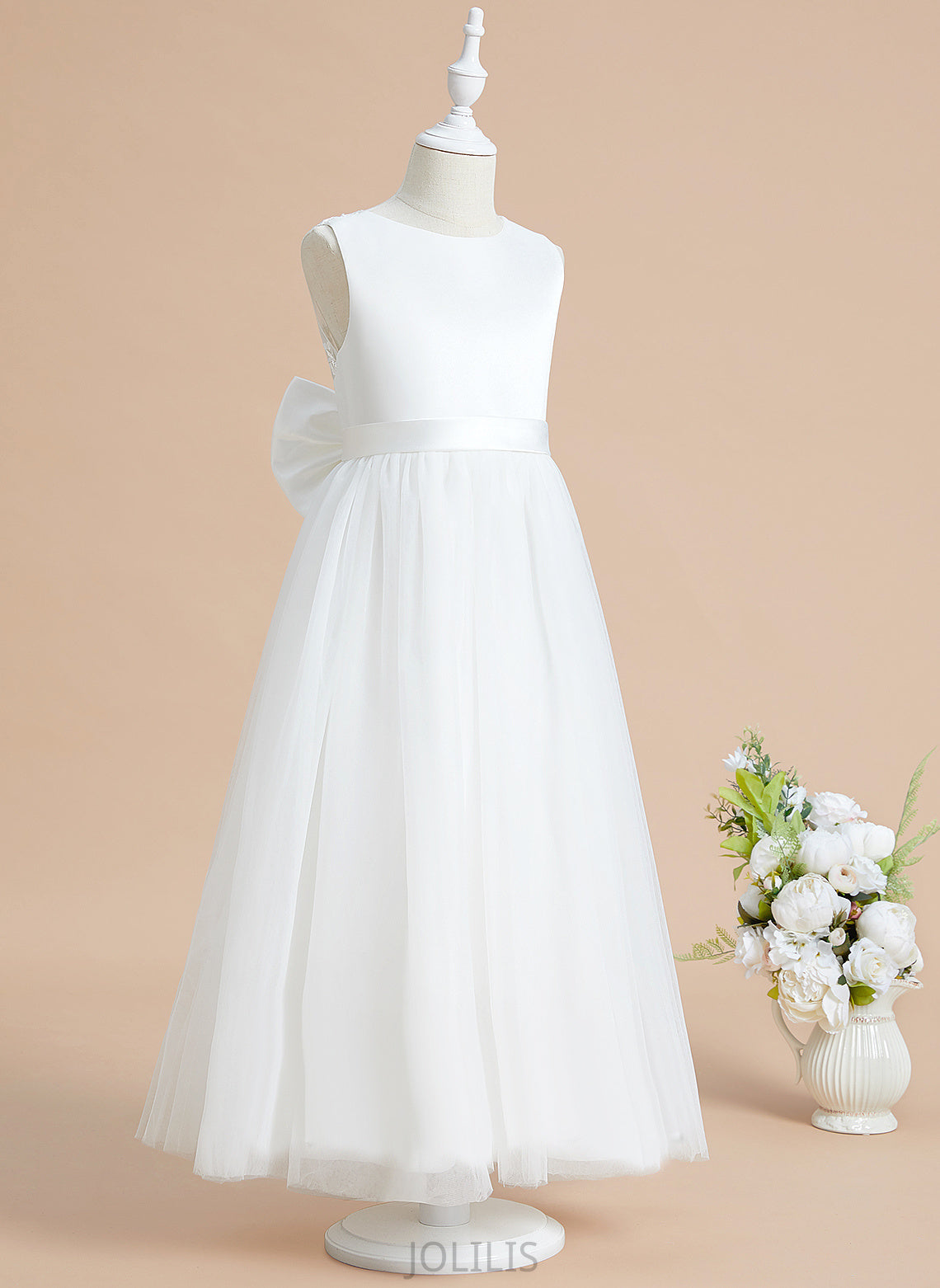 Girl With Flower Girl Dresses - A-Line Scoop Ankle-length Satin/Tulle Neck Flower Marie Dress Lace/Bow(s) Sleeveless