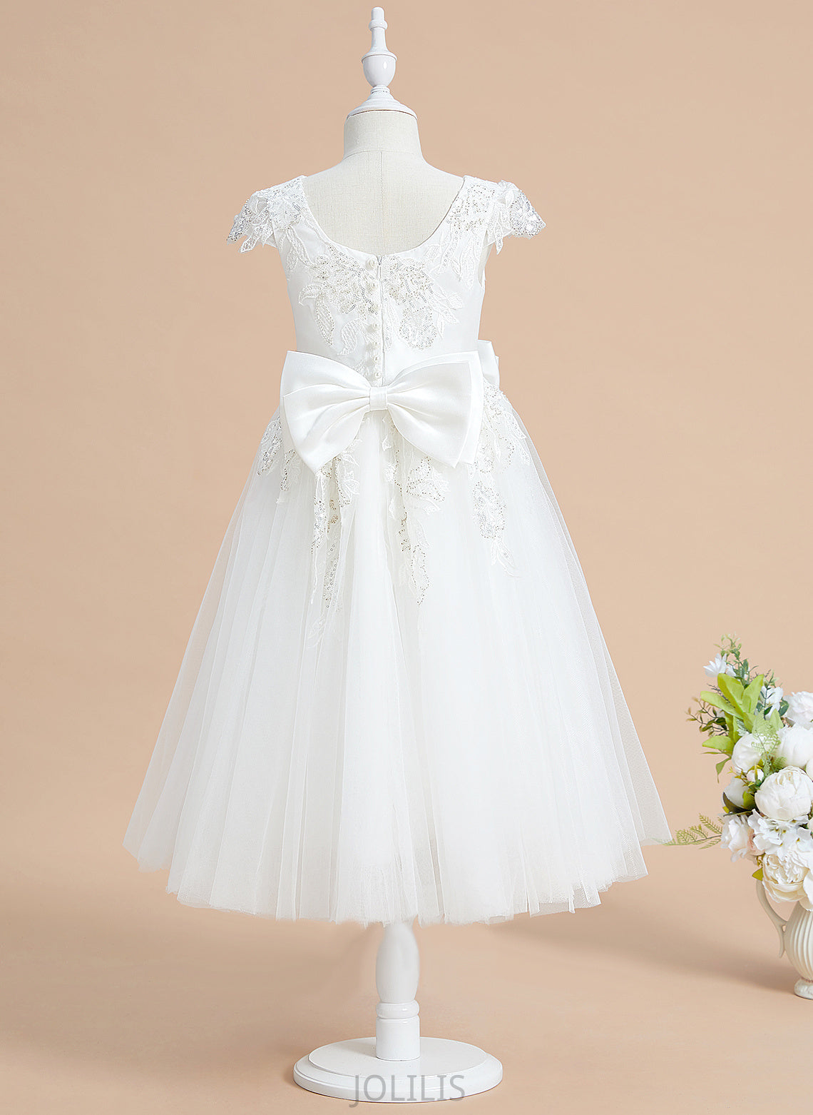 Scoop Flower Girl Dresses Sequins/Bow(s) Tulle/Lace Dress Hayden - With Neck Short Flower Sleeves A-Line Girl Tea-length