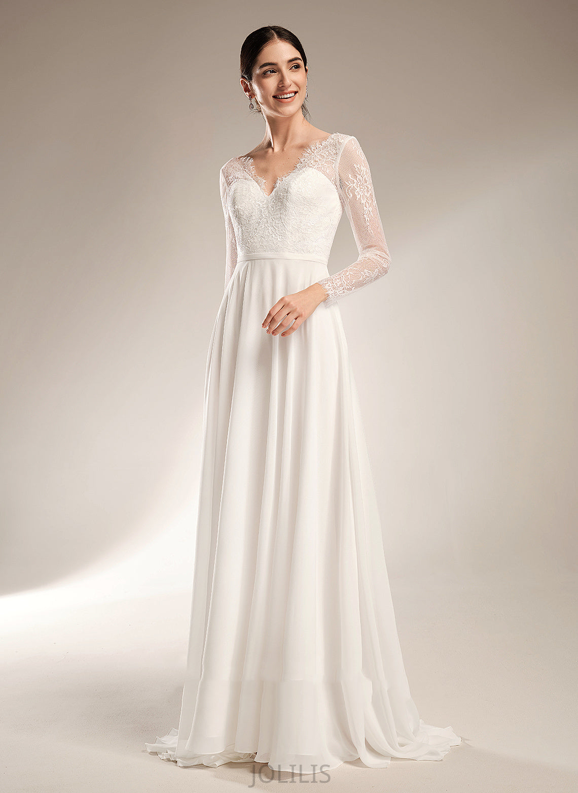 Dress Wedding Wedding Dresses Lace Train Chiffon Sweep A-Line V-neck Izabella