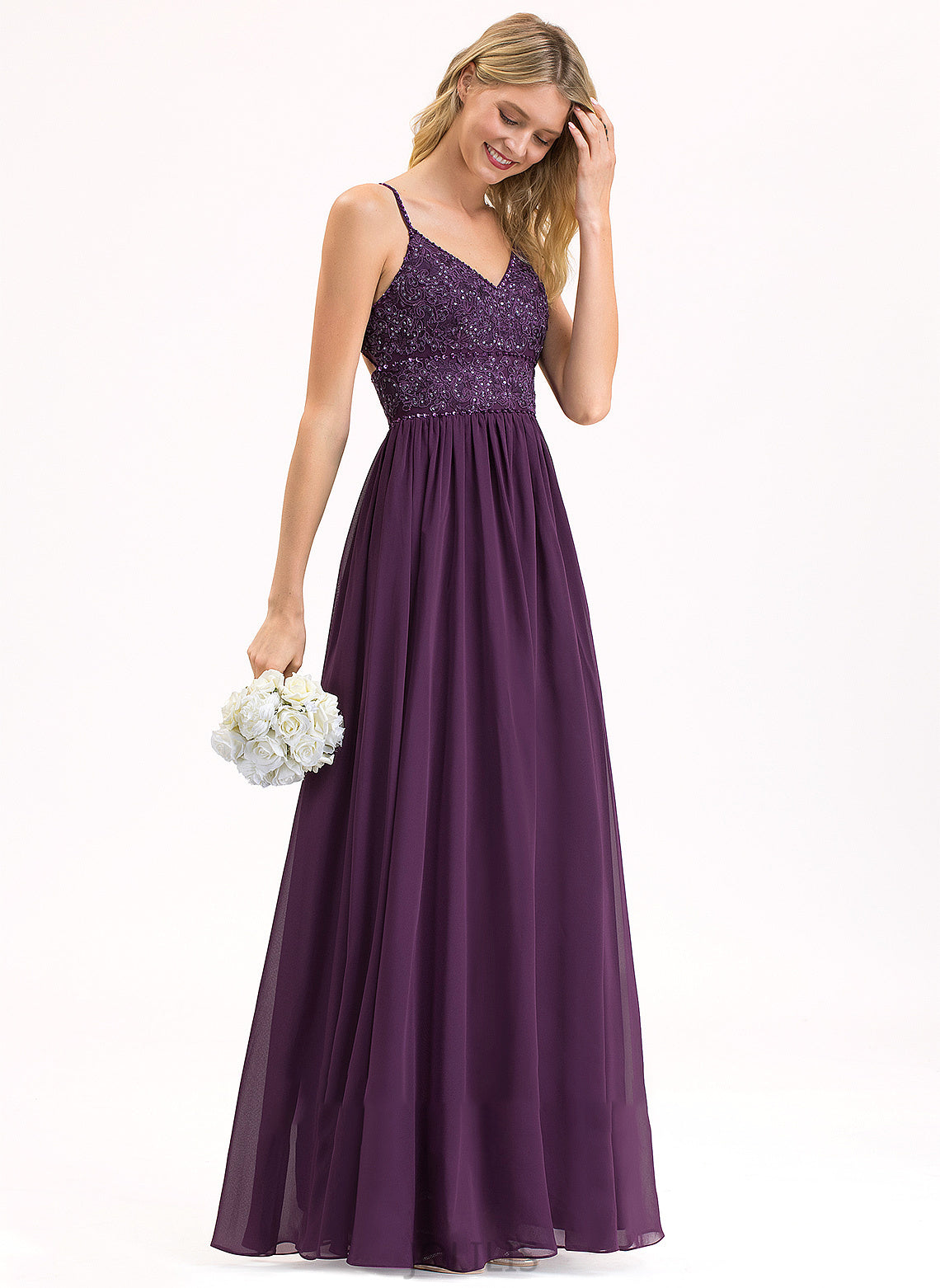 Chiffon Sequins Floor-Length V-neck Violet With Prom Dresses Lace A-Line Beading