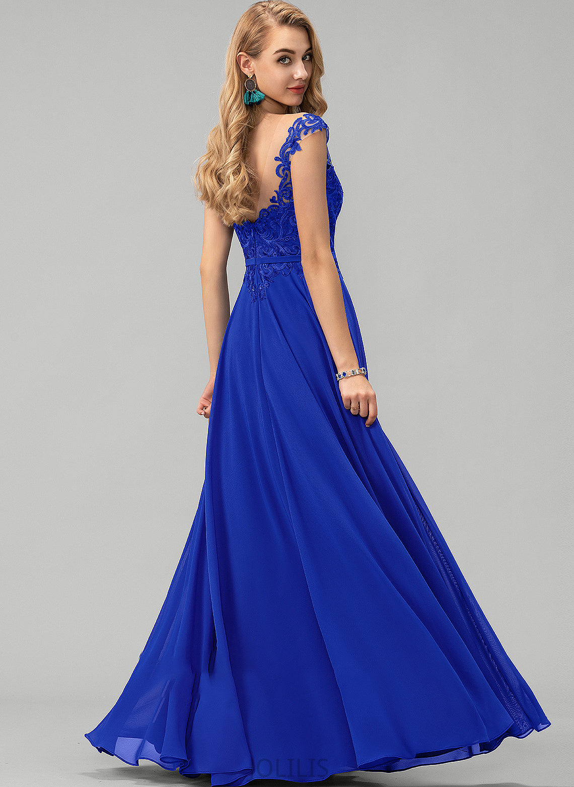 Scoop With Lace A-Line Floor-Length Sequins Neck Chiffon Germaine Prom Dresses