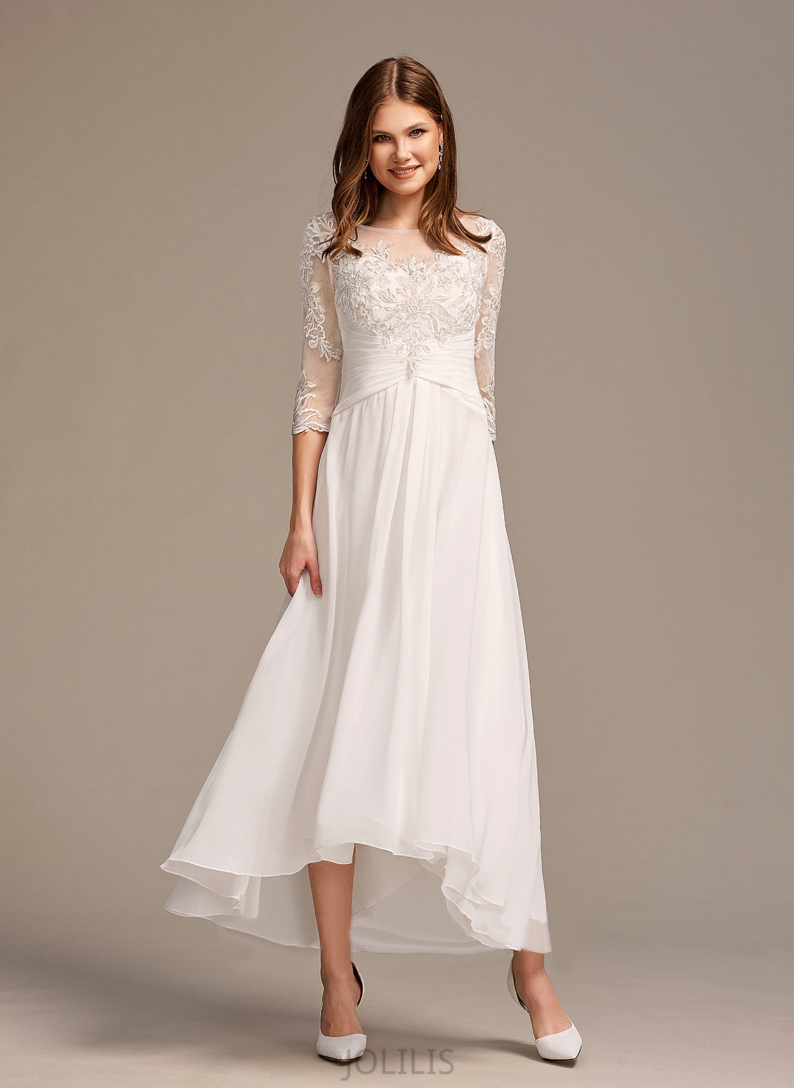 Wedding Dresses Cindy A-Line Illusion Wedding Asymmetrical Dress Chiffon With Lace