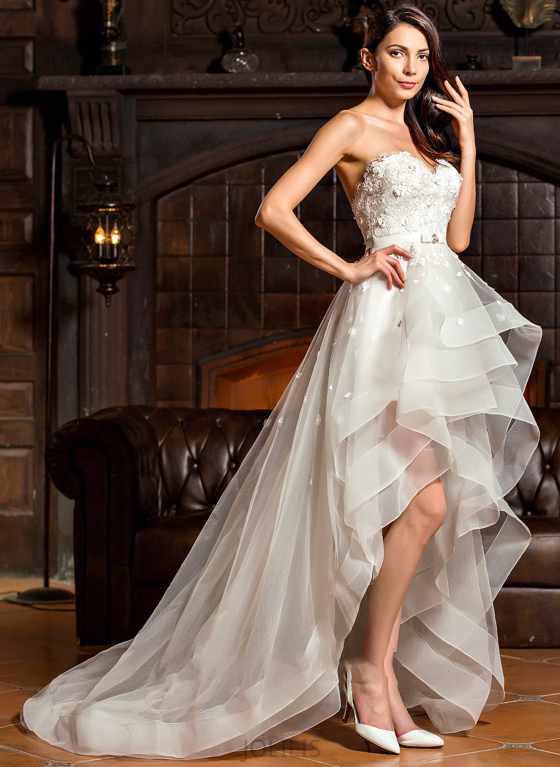 A-Line Beading Asymmetrical Tulle Sweetheart With Wedding Lola Wedding Dresses Dress Bow(s)