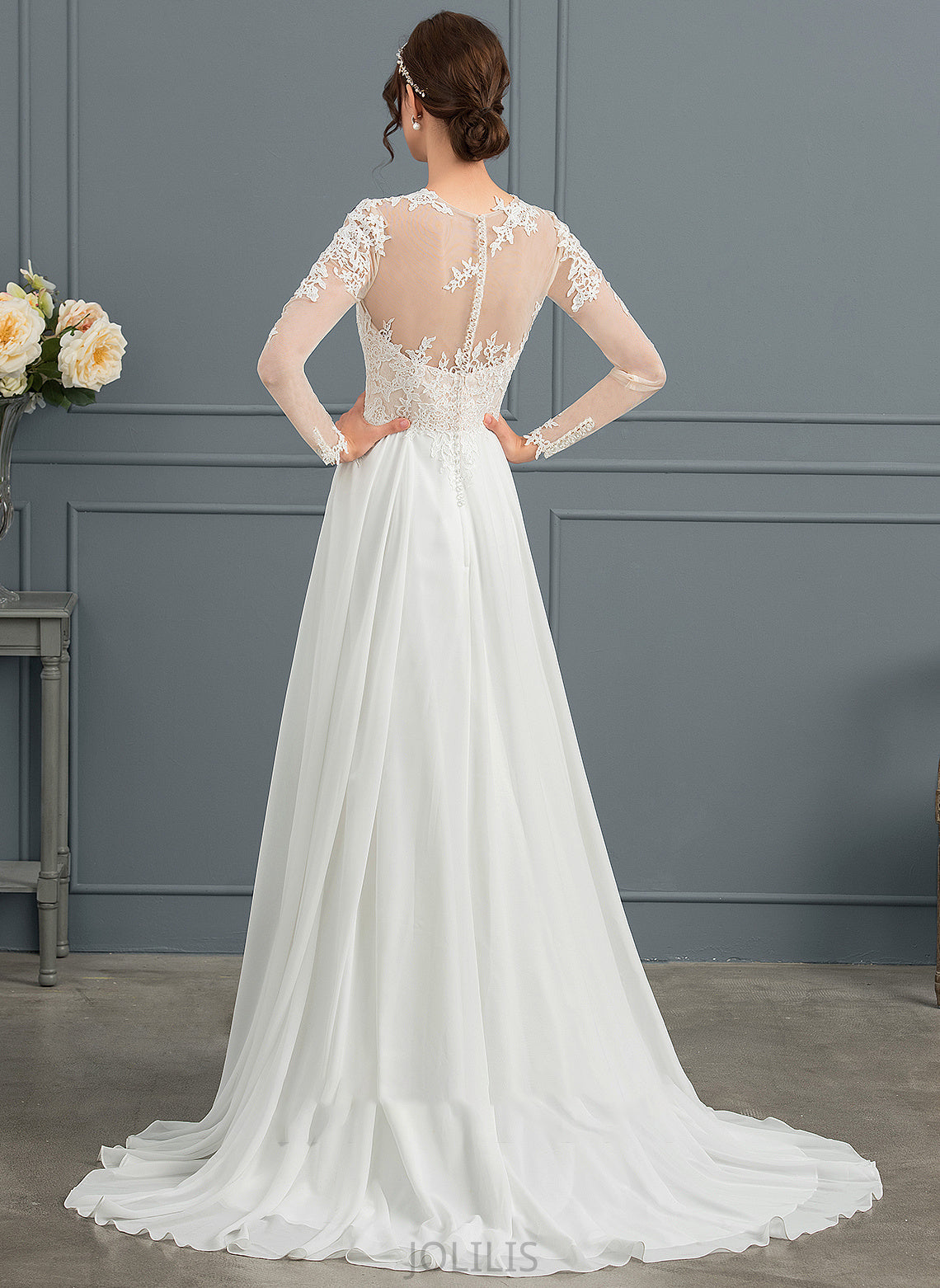 With Illusion Split Appliques Dress Wedding Train Front Sweep A-Line Lace Chiffon Rubi Wedding Dresses