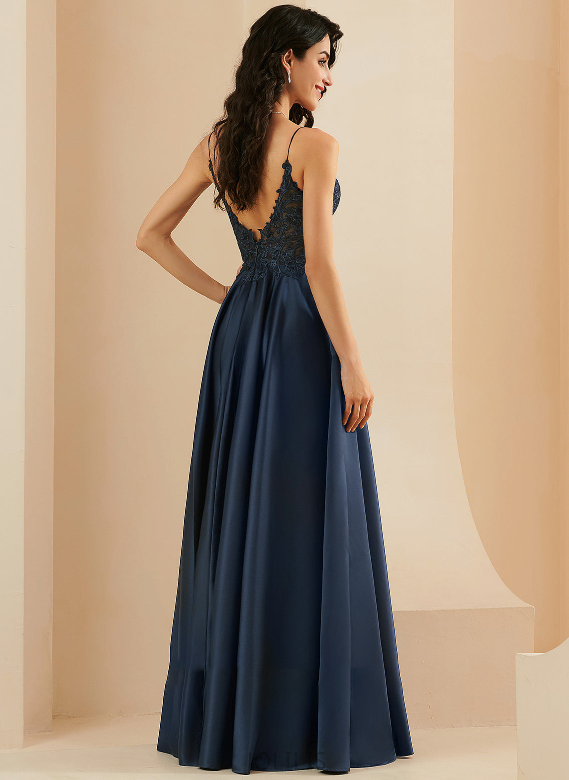 A-Line Prom Dresses Isis Satin With V-neck Floor-Length Lace