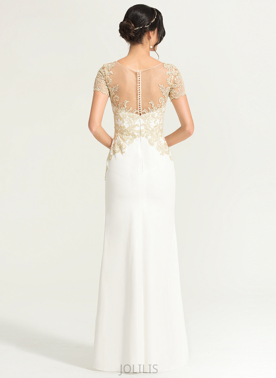 With Stretch Floor-Length Scoop Crepe Neck Sheath/Column Jess Front Dress Lace Wedding Dresses Split Wedding