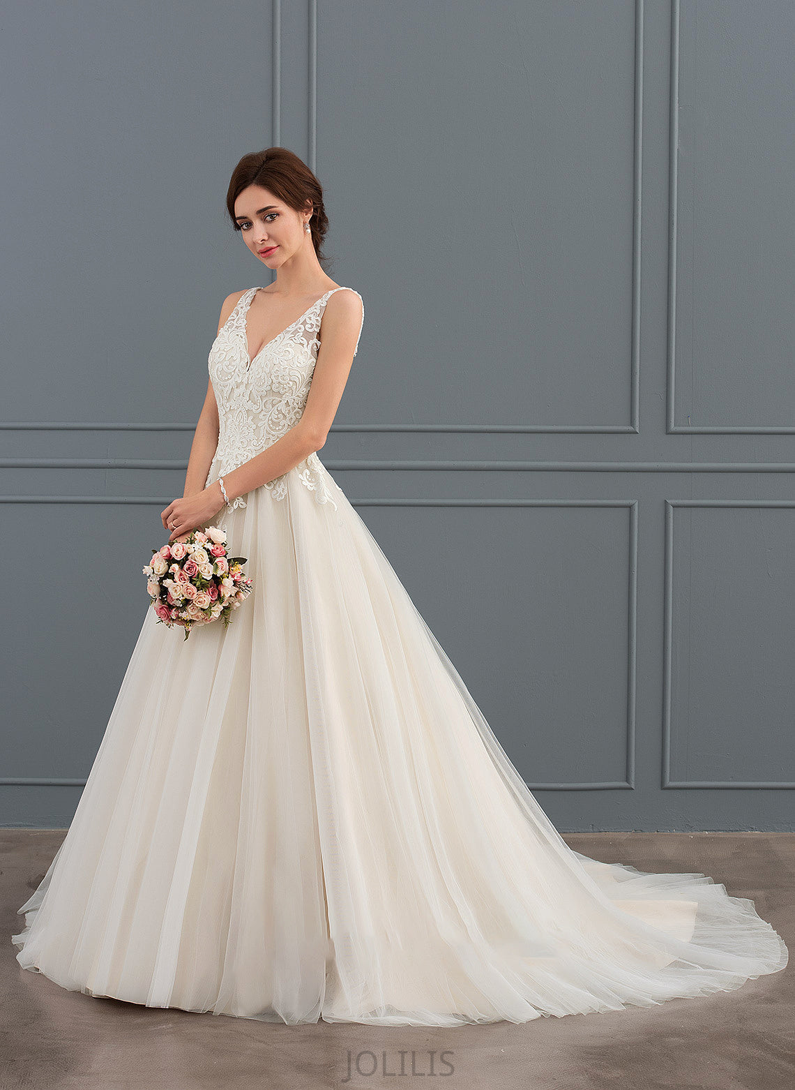 Aubrie Ball-Gown/Princess Train Dress Court Wedding Dresses V-neck Tulle Wedding