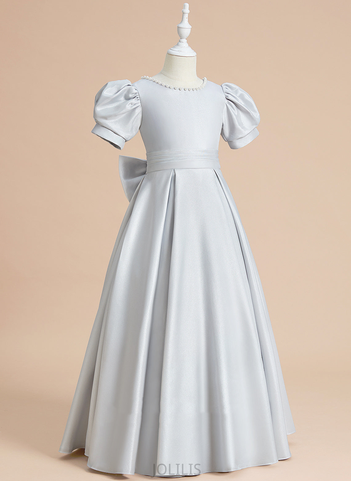 Selah - Satin Scoop Floor-length Short Sleeves Girl Flower With Flower Girl Dresses Dress Bow(s) Neck Ball-Gown/Princess