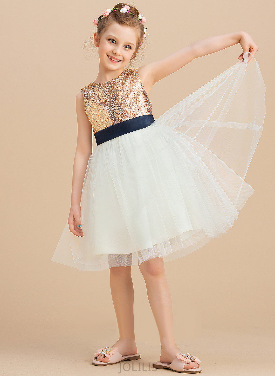 sash) Sleeveless Flower Girl Dresses Neck Bianca Flower A-Line Dress Sequins/Bow(s) (Undetachable Satin/Tulle/Sequined Girl Scoop Knee-length With -