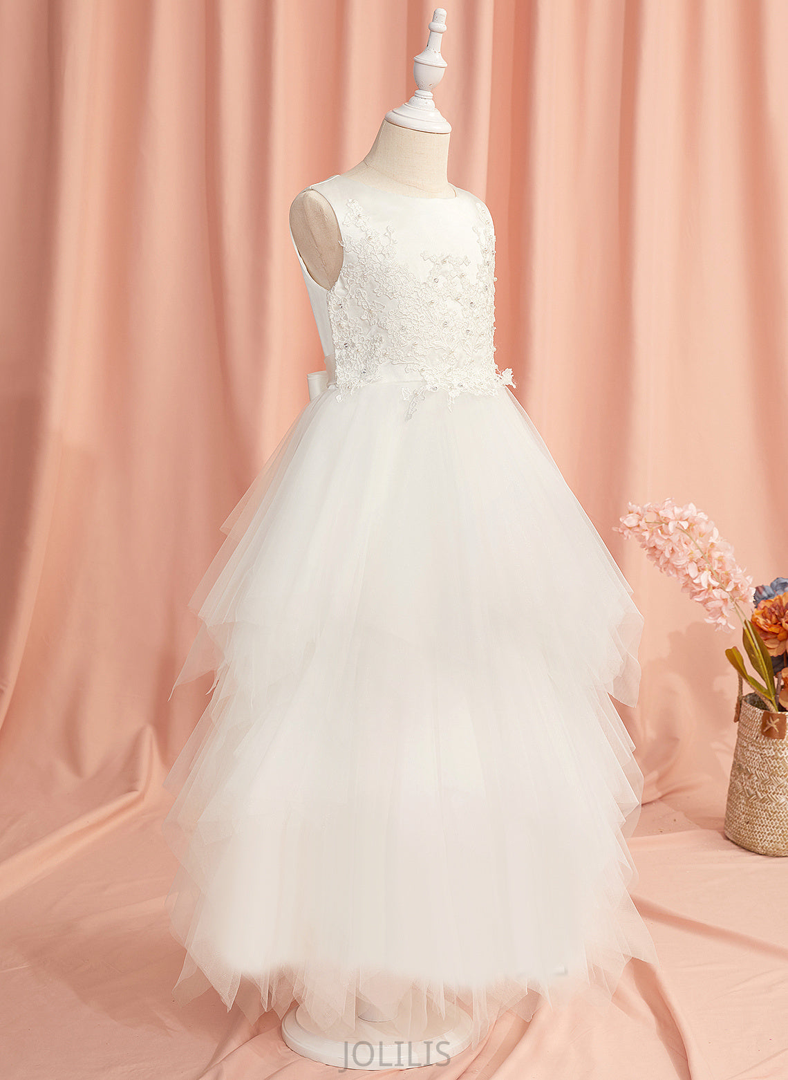 Dress Satin/Tulle With - Scoop Lace/Beading Sleeveless Girl Ball-Gown/Princess Flower Girl Dresses Ankle-length Jaelynn Neck Flower