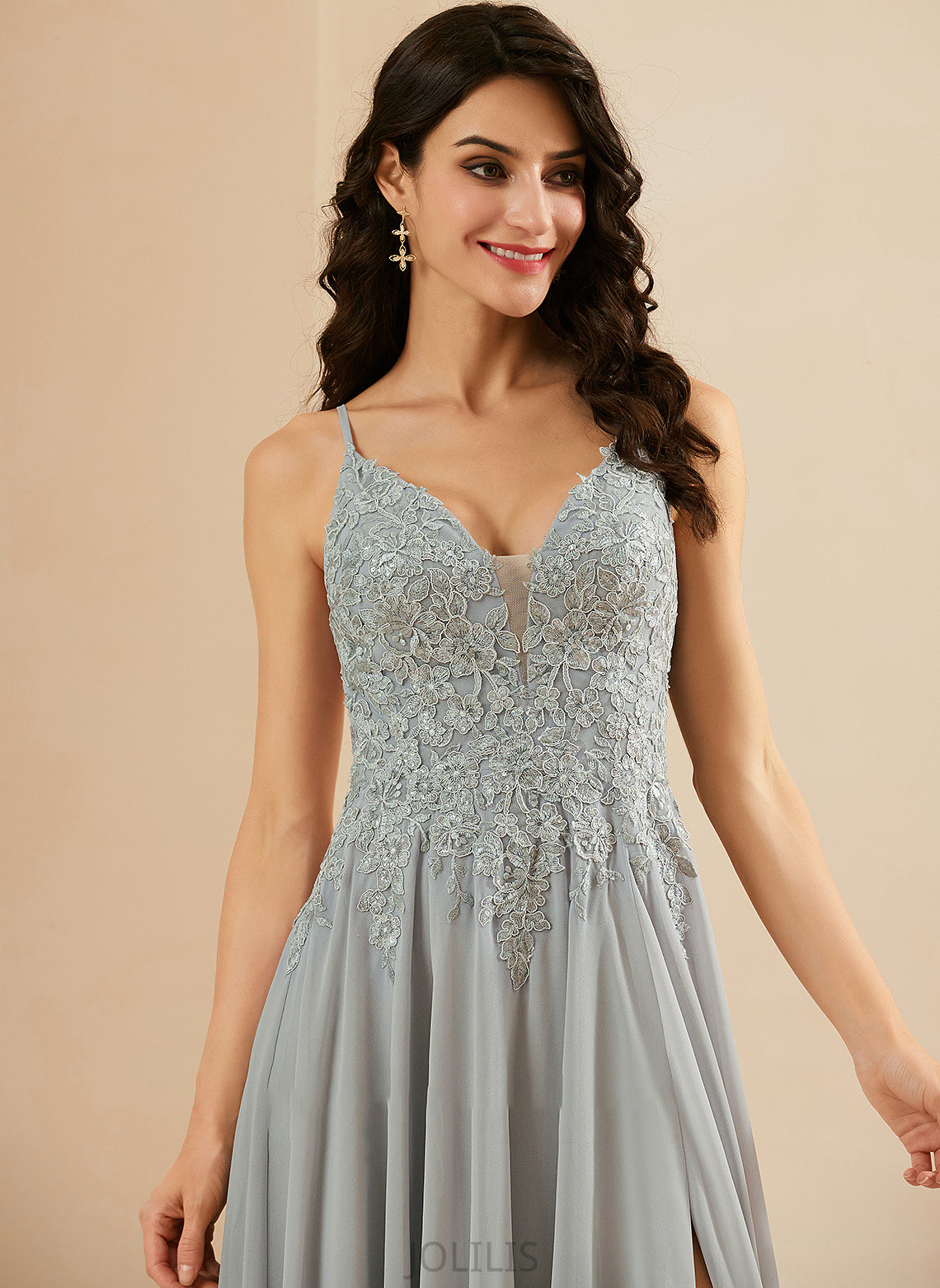 Sequins Lace Jemima Floor-Length With Split Front Chiffon V-neck Prom Dresses A-Line