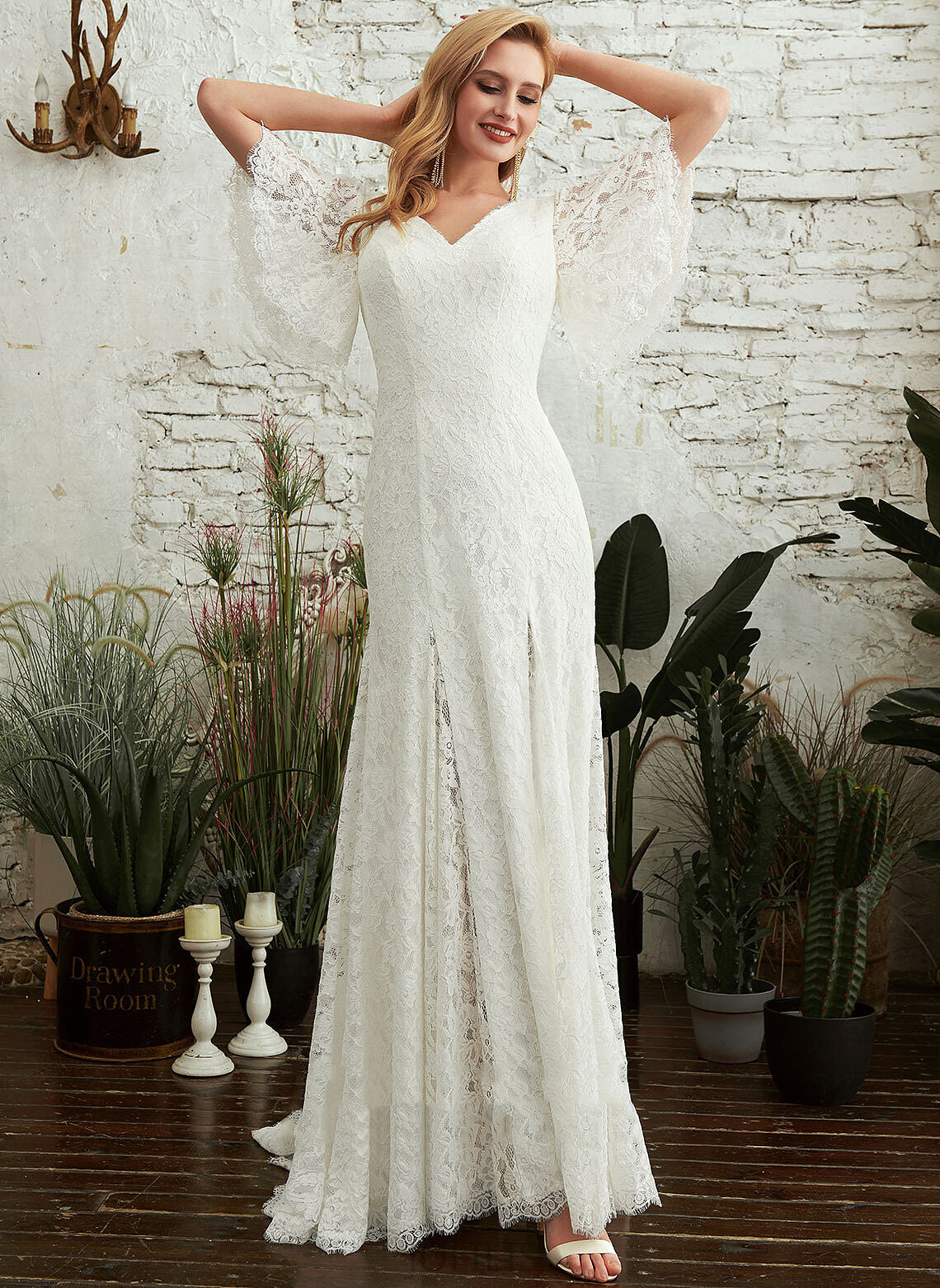 Wedding V-neck Lace With Wedding Dresses Sweep Split Lydia Train Dress Sheath/Column Front