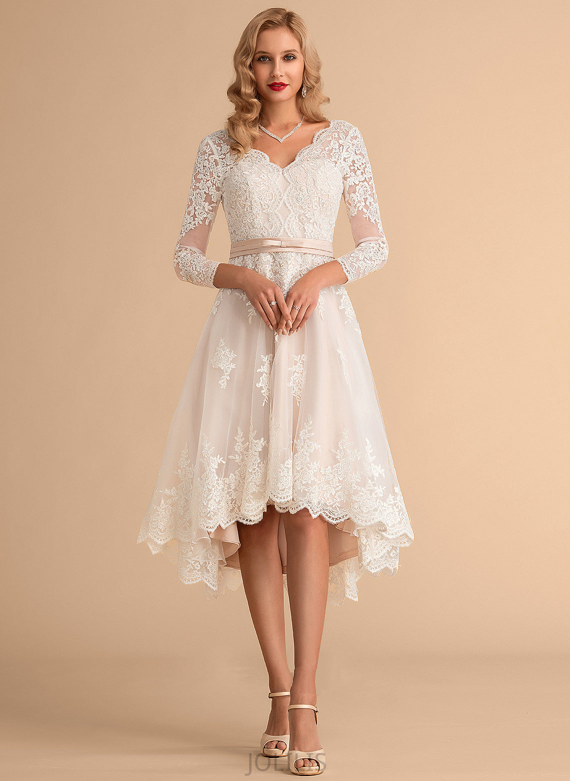 A-Line Carina Wedding Dresses Satin Lace Wedding V-neck Dress Asymmetrical Tulle