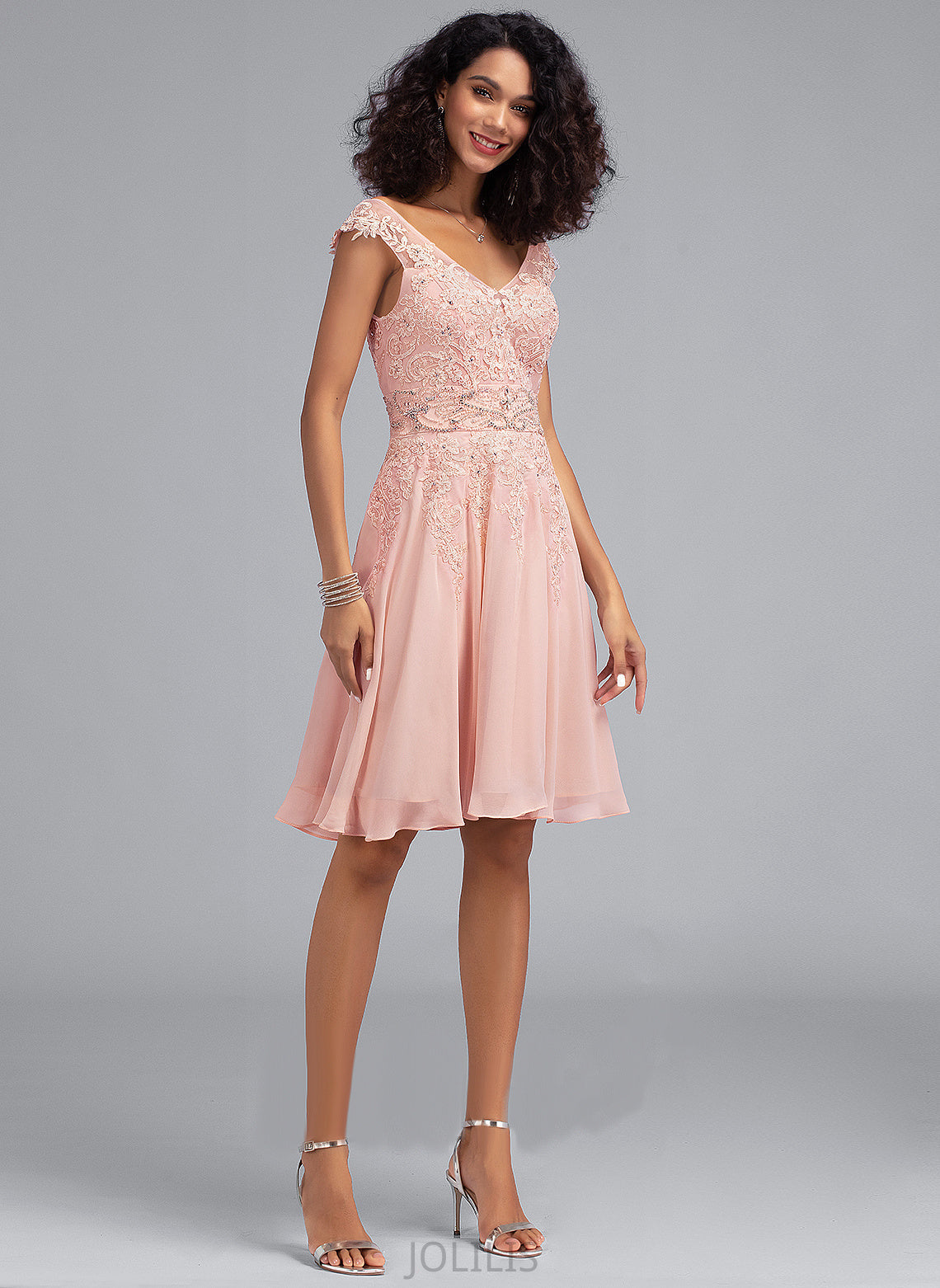 Homecoming Dresses Chiffon Lace V-neck Knee-Length Dress Homecoming With Novia A-Line Beading