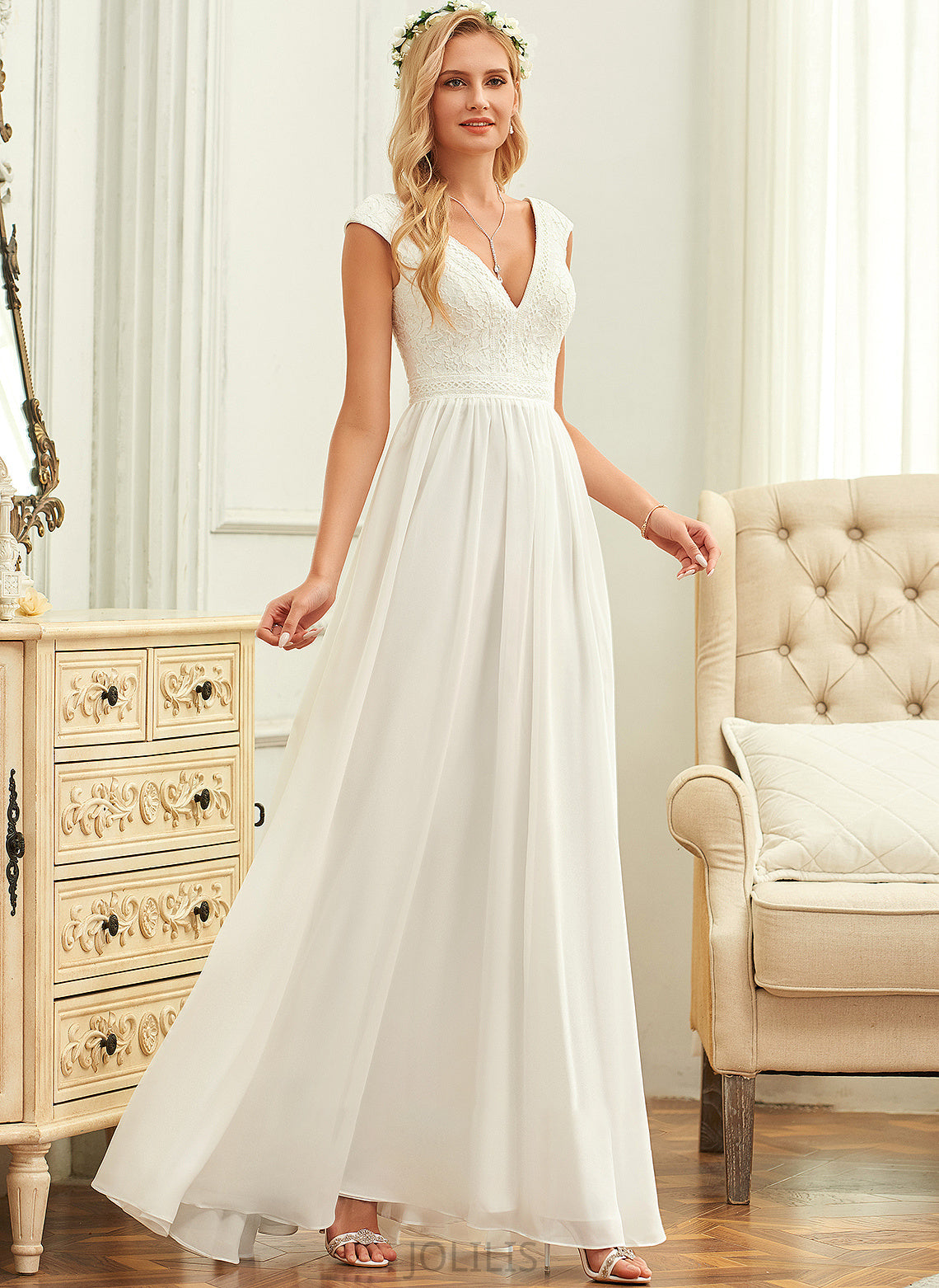 A-Line Chiffon Floor-Length Wedding V-neck Lace Dress Wedding Dresses Claire