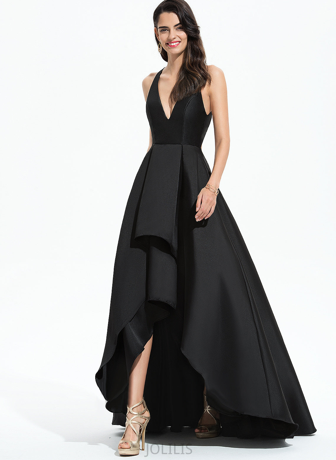 Nicole A-Line Prom Dresses Satin Asymmetrical V-neck