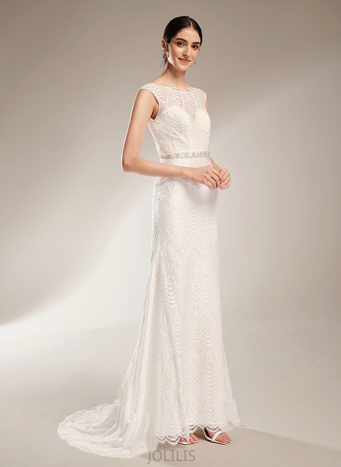 Lila Scoop Train Sequins Wedding Sheath/Column Dress Neck Beading Court Lace Wedding Dresses With