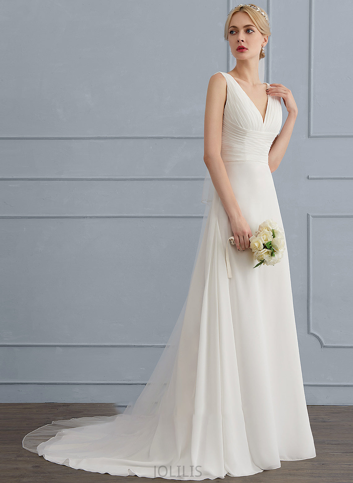 Ruffle Sweep With Train Chiffon Aimee Wedding V-neck Wedding Dresses A-Line Dress