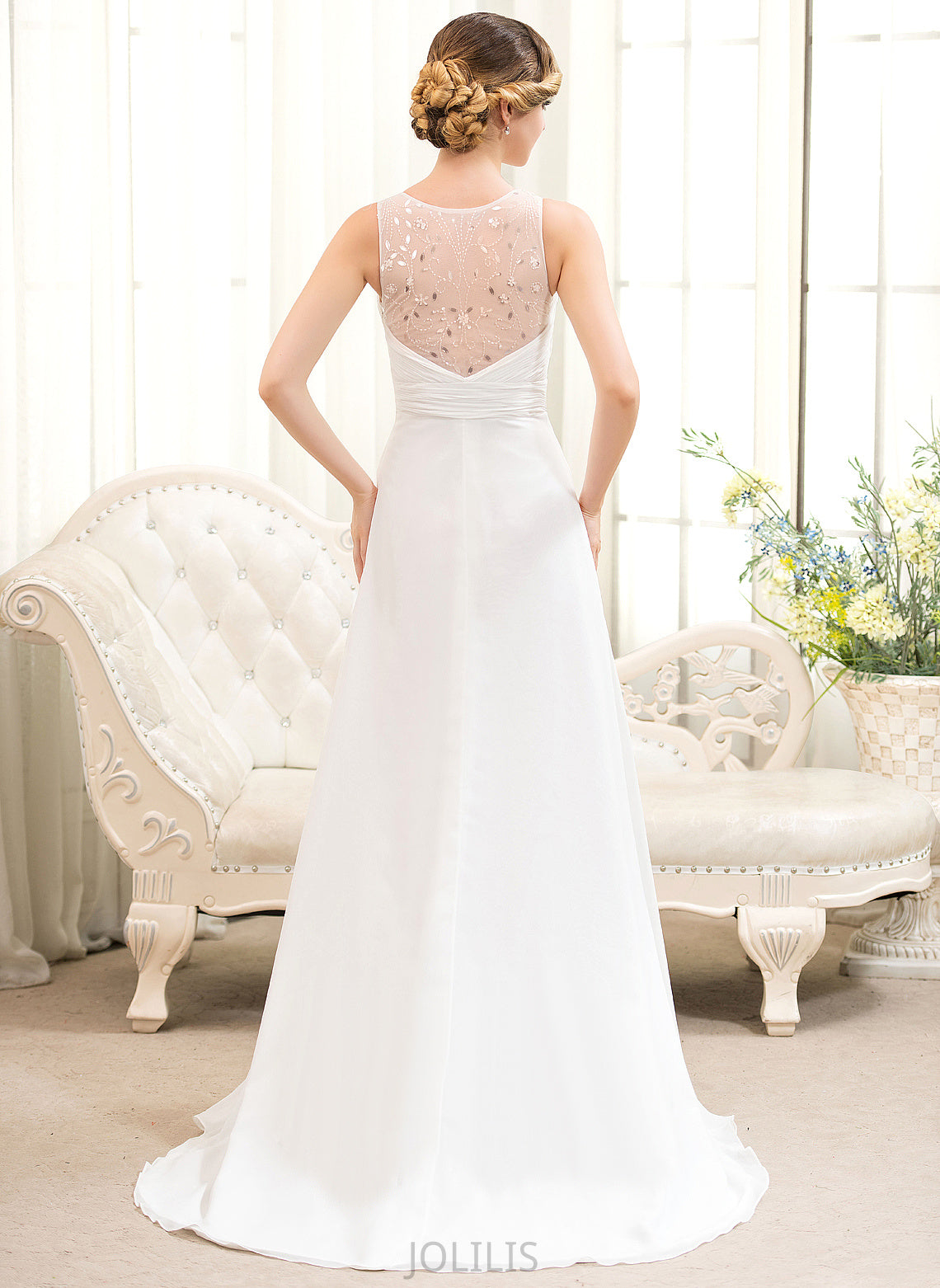 Chiffon Beading Wedding Sweep Cascading Train A-Line Ruffles With Sequins Wedding Dresses Dress V-neck Tulle Macey