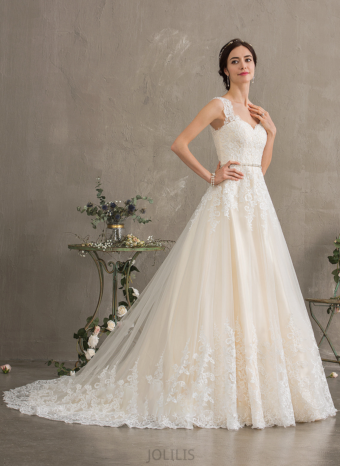 Sweetheart Ball-Gown/Princess Court Beading Wedding Dresses Tulle Dress Wedding Jacqueline With Sequins Train