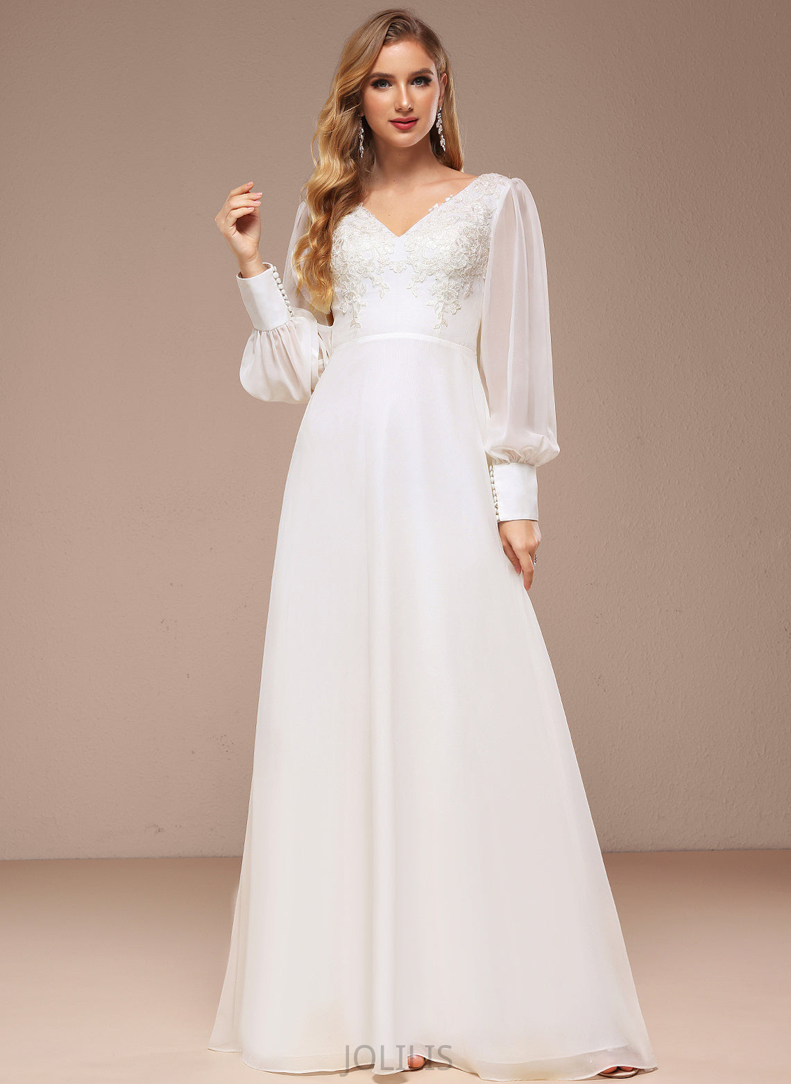 A-Line Floor-Length Wedding Dresses With Chiffon Dress Sequins Lace V-neck Wedding Helena