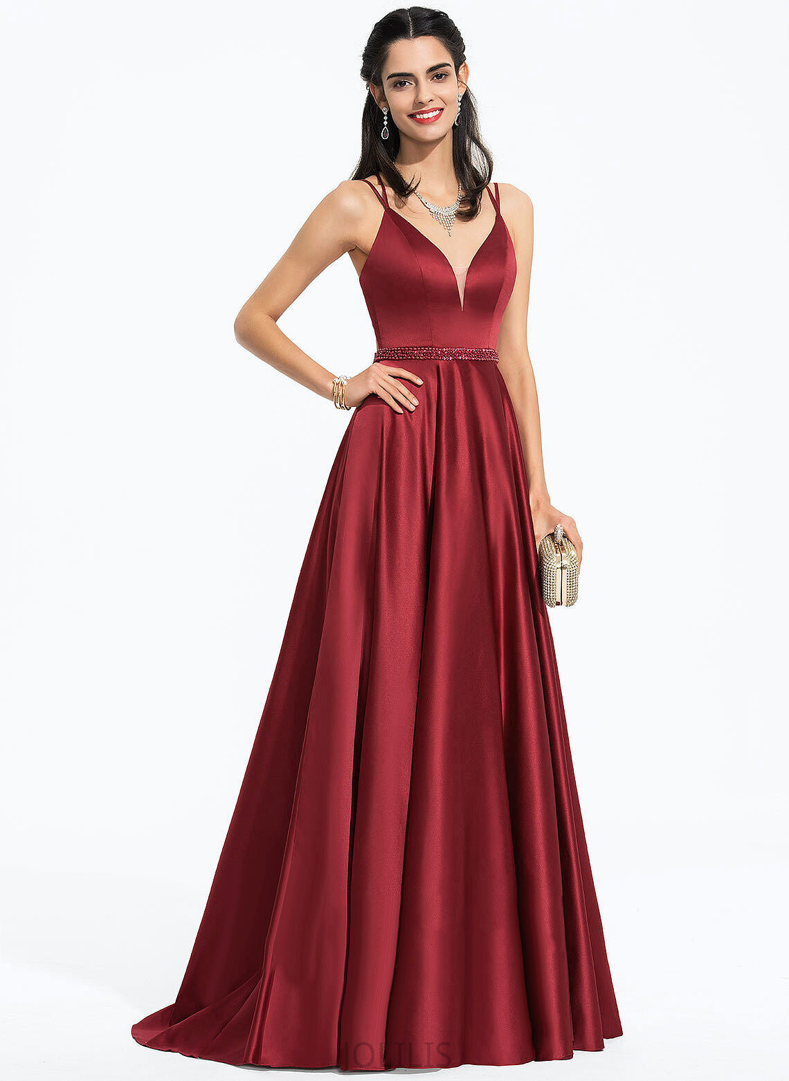 Satin Train Beading Nayeli With Sequins Sweep V-neck Prom Dresses A-Line