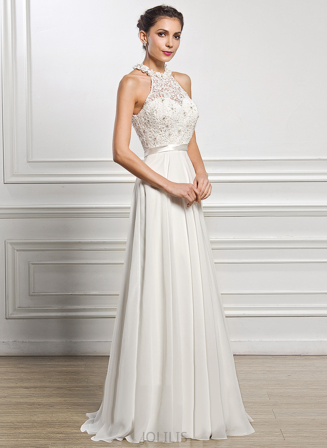 Wedding With Floor-Length A-Line Lace Chiffon Scoop Dress Neck Wedding Dresses Kaitlyn Beading Sequins