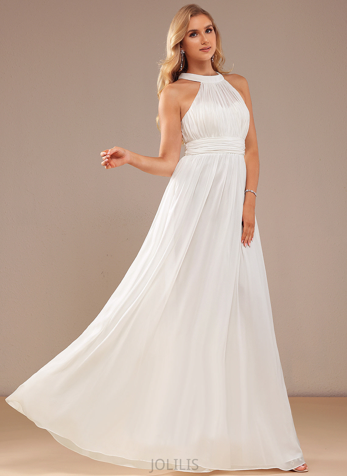 Chiffon High With Ruffle Wedding Dresses Jan Wedding Dress Floor-Length Neck A-Line