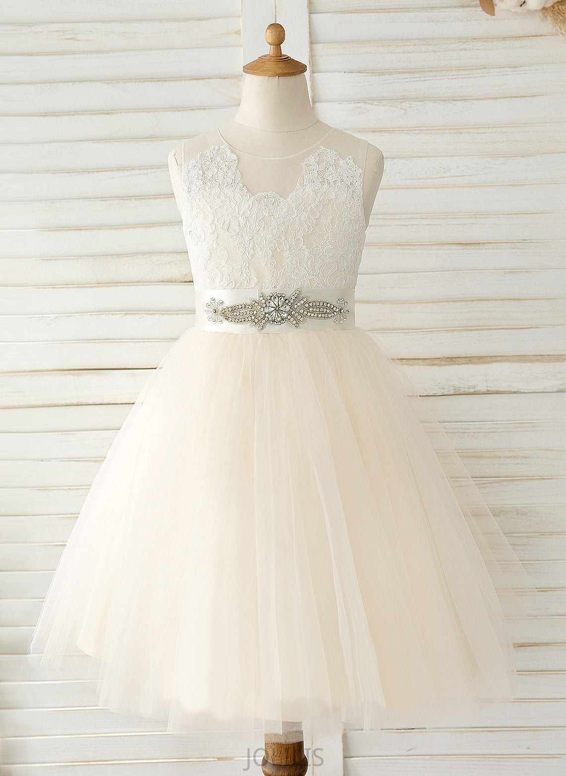 A-Line Sleeveless Scoop Bow(s) Girl Knee-length Tulle/Lace Flower Girl Dresses With - Kate Flower Neck Dress