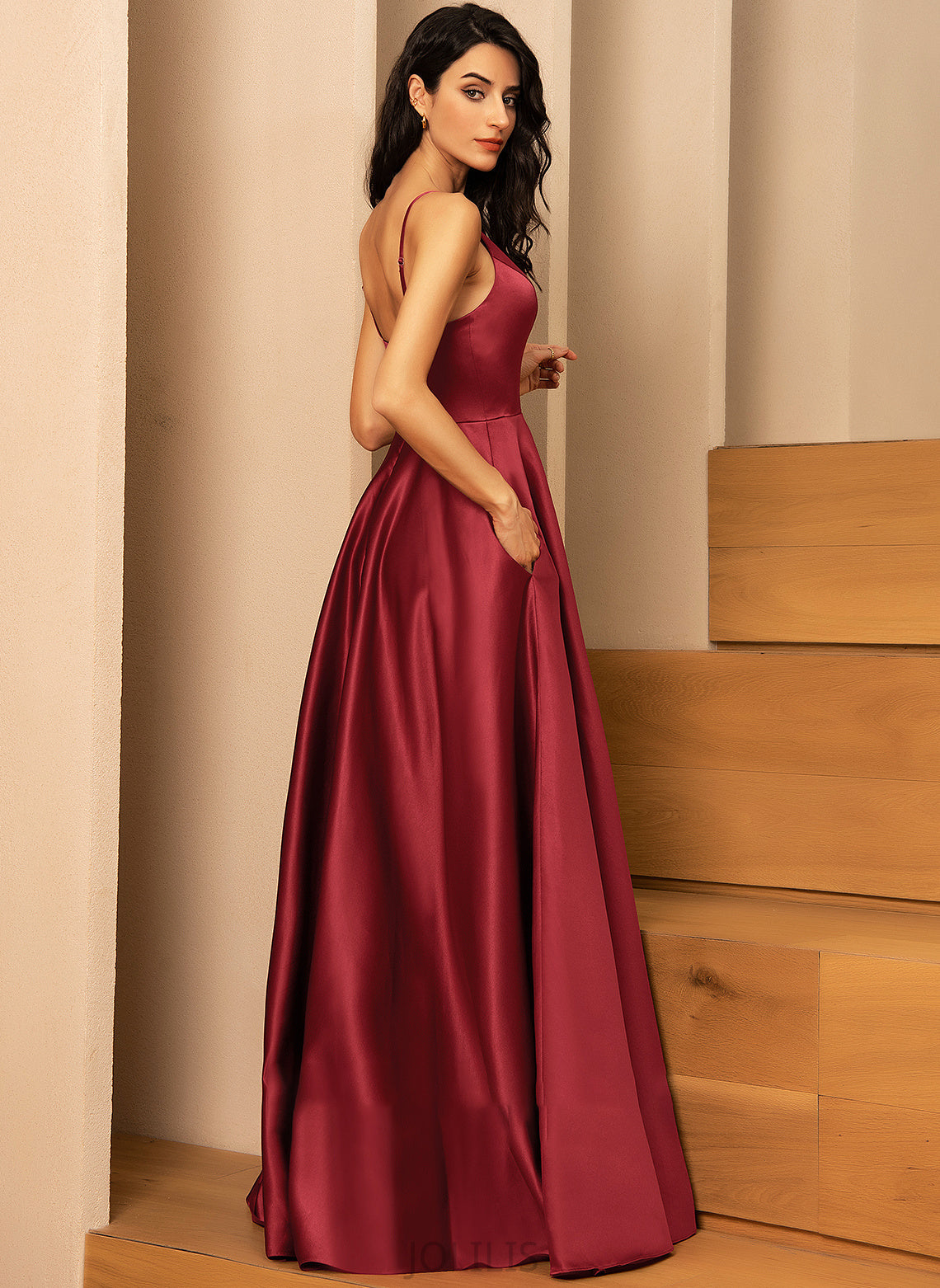 Prom Dresses With V-neck Satin Pockets Floor-Length Makenna A-Line