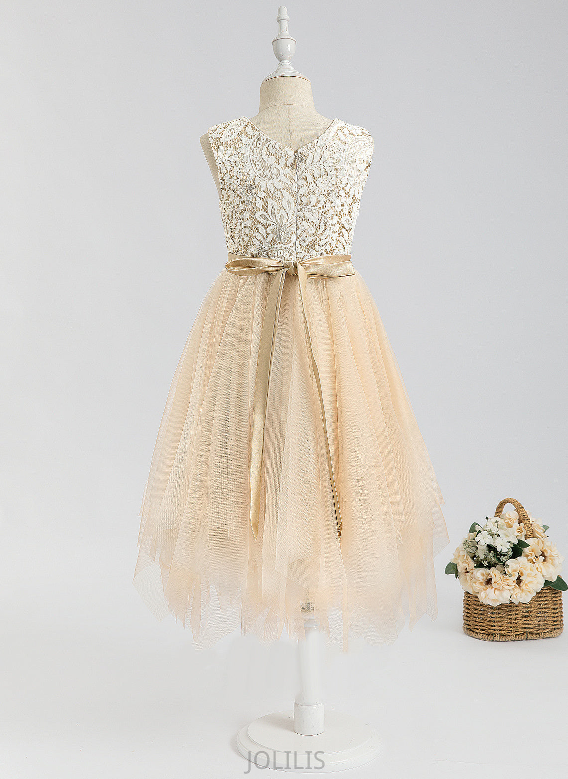 Neck A-Line Scalloped - Lace/Bow(s) With Tea-length Tulle Flower Girl Dresses Lucile Flower Girl Sleeveless Dress