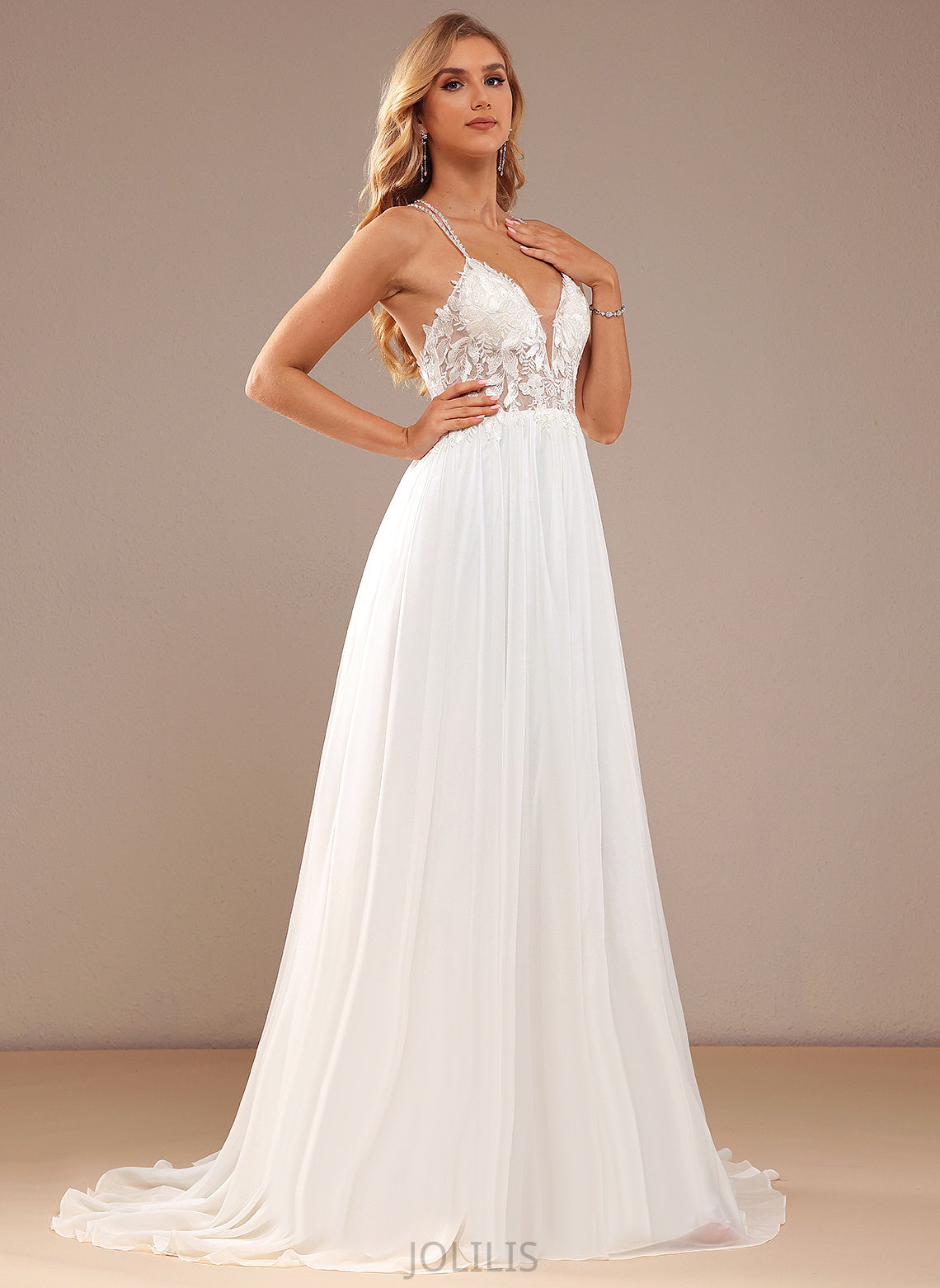 V-neck Lace With A-Line Sequins Dress Chiffon Wedding Wedding Dresses Alana Beading Sweep Train