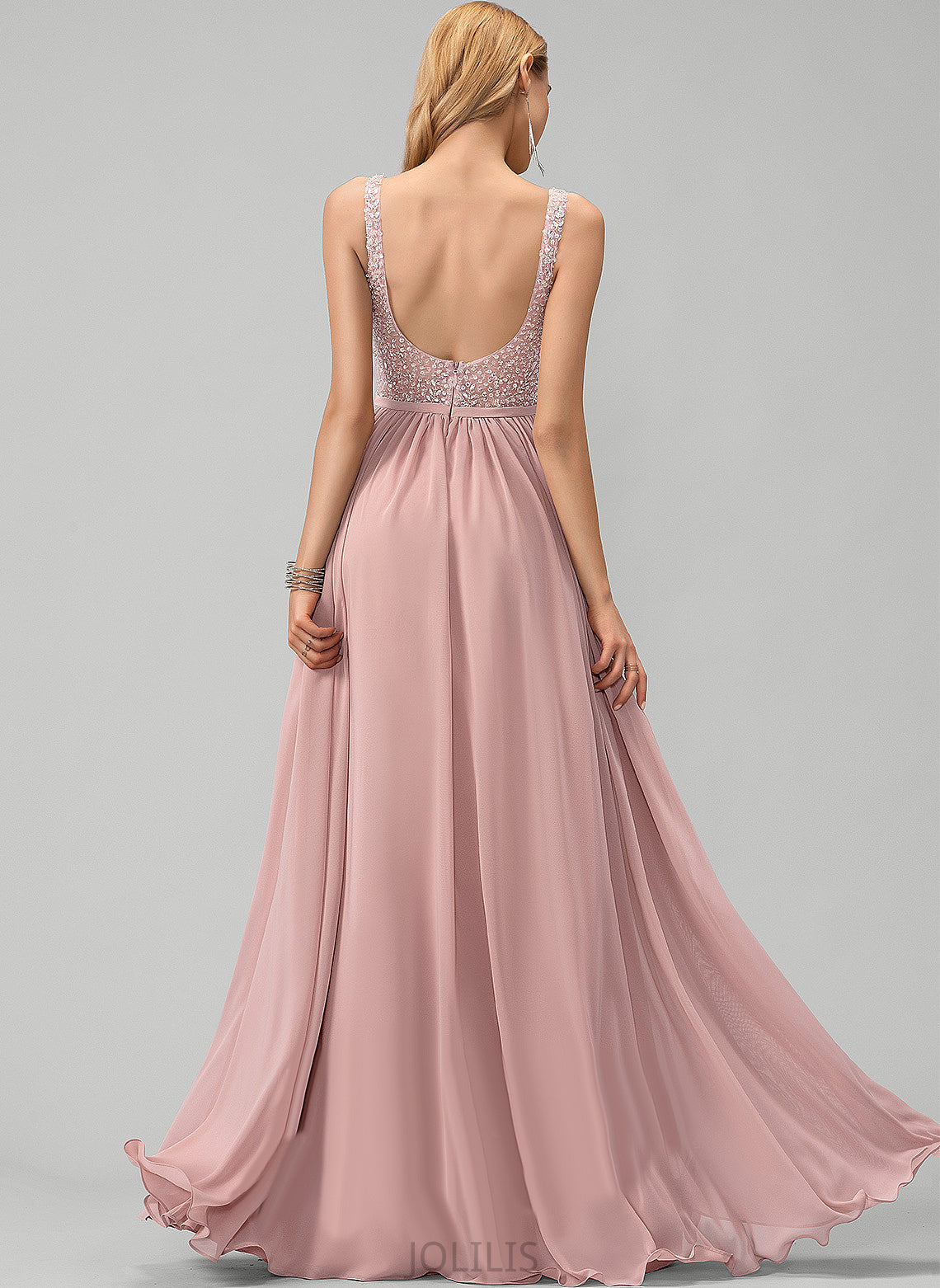 Sequins With Prom Dresses V-neck Beading Floor-Length Chiffon A-Line Delilah