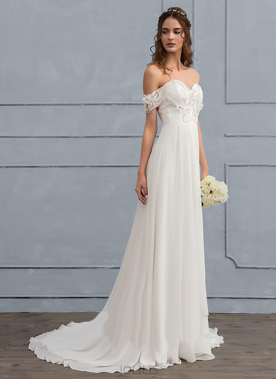 Wedding Dresses Dress Train Flower(s) Wedding Nyla Off-the-Shoulder Sweep Beading With Chiffon Lace A-Line